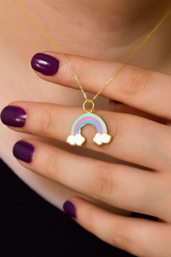 925 Ayar Gümüş Altın Kaplama Mineli Gökkuşağı Kolye - Image 1