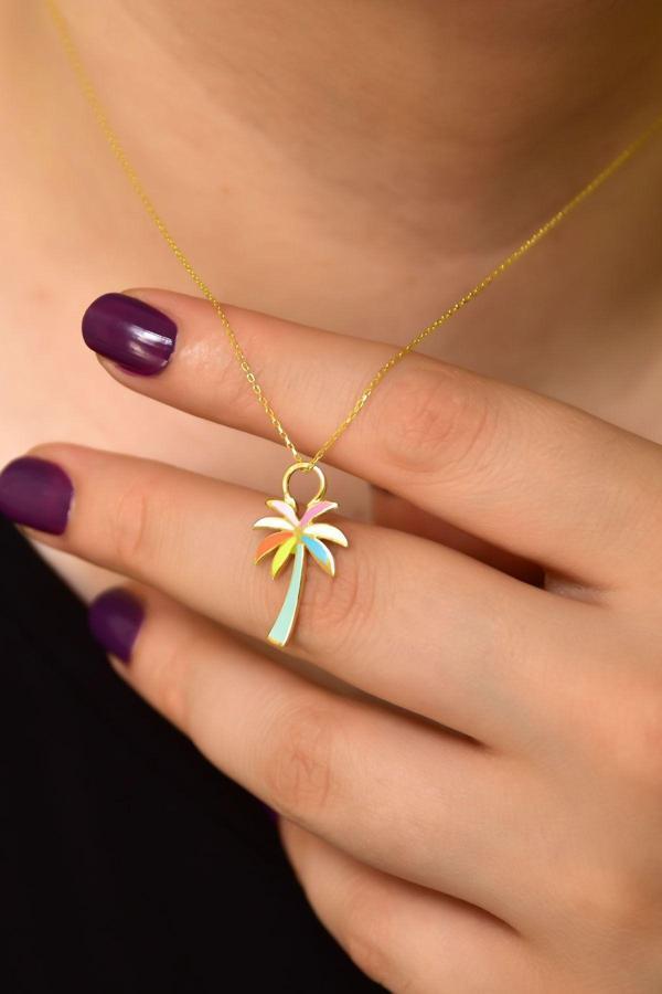 925 Ayar Gümüş Altın Kaplama Mineli Pamiye Kolye - Image 1