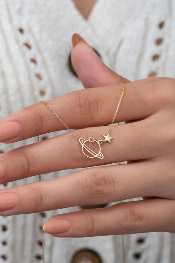 925 Ayar Gümüş Altın Kaplama Mini Gezegen Kolye - Image 1