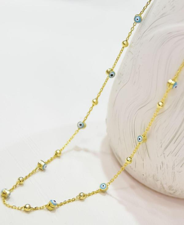 925 Ayar Gümüş Gold Kaplama Firuze Mineli Göz Top Zincir Kolye - Image 1