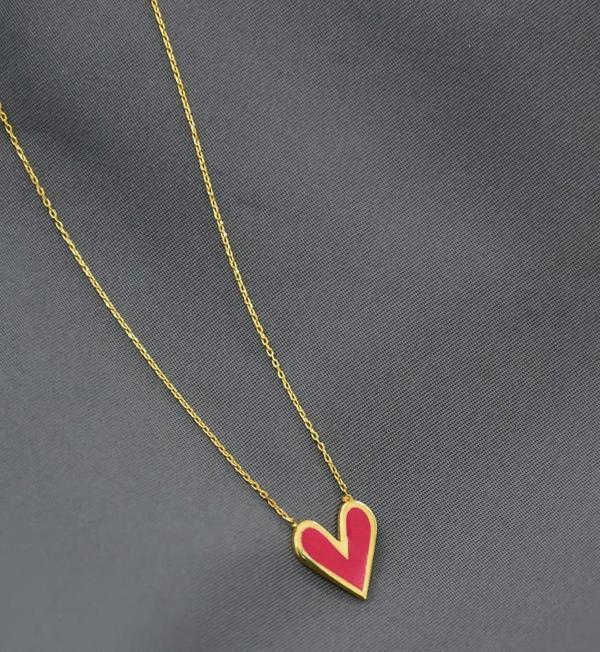 925 Ayar Gümüş Gold Kaplama Fuşya Mineli Keskin Kalp Kolye - Image 1