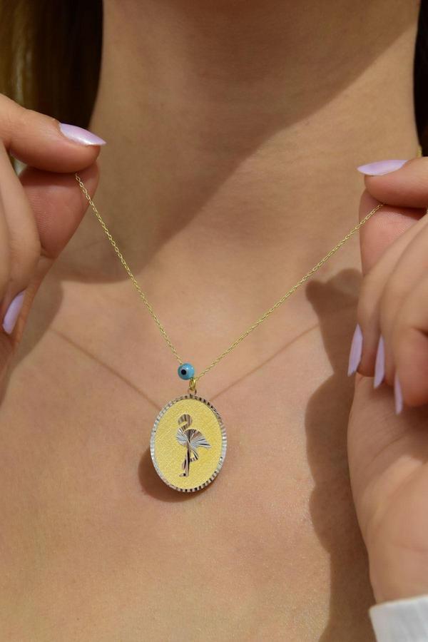 925 Ayar Gümüş Gold Kaplama Gözlü Flamingo Plaka Kolye - Image 1