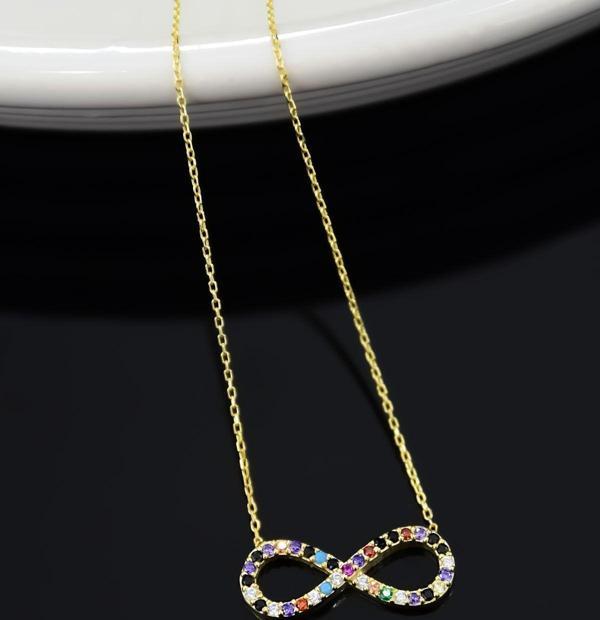 925 Ayar Gümüş Gold Kaplama Mix Taşlı Sonsuzluk Kadın Kolye - Image 1