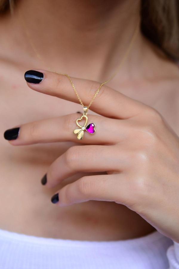 925 Ayar Gümüş Altın Kaplama Renk Geçişli Üç Kalp Tasarım Kolye - Image 1