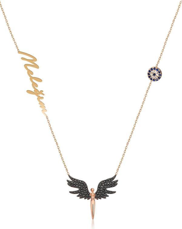 925 Ayar Gümüş Gold Kaplama Nazar Boncuklu Siyah Taşlı Mikail Meleği Kolye - Image 1