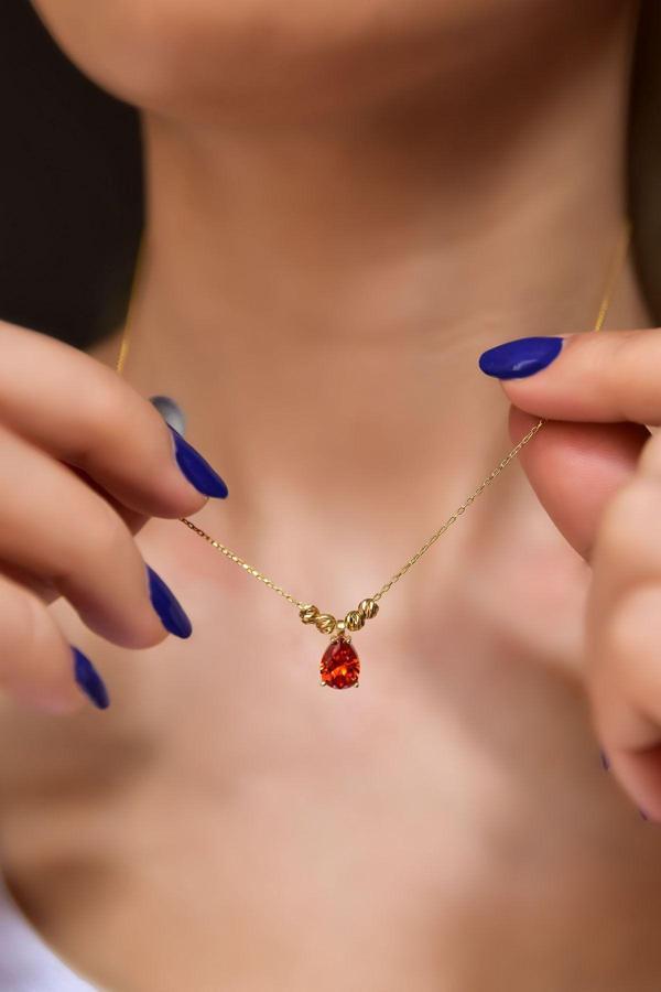 925 Ayar Gümüş Gold Kaplama Turuncu Damla Kenarları Çift Dorica Toplu Kolye - Image 1