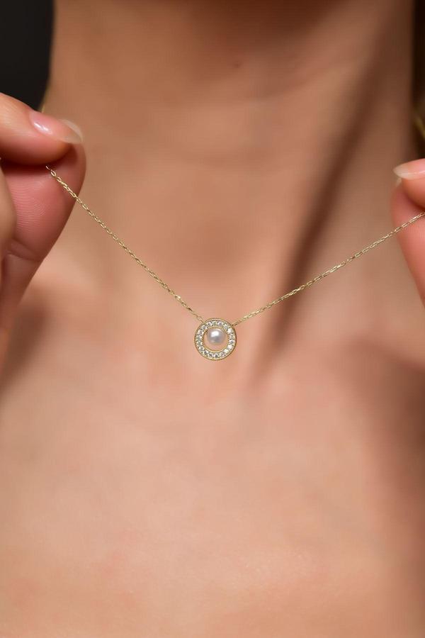 925 Ayar Gümüş Gold Kaplama Incili Yuvarlak Kolye - Image 1