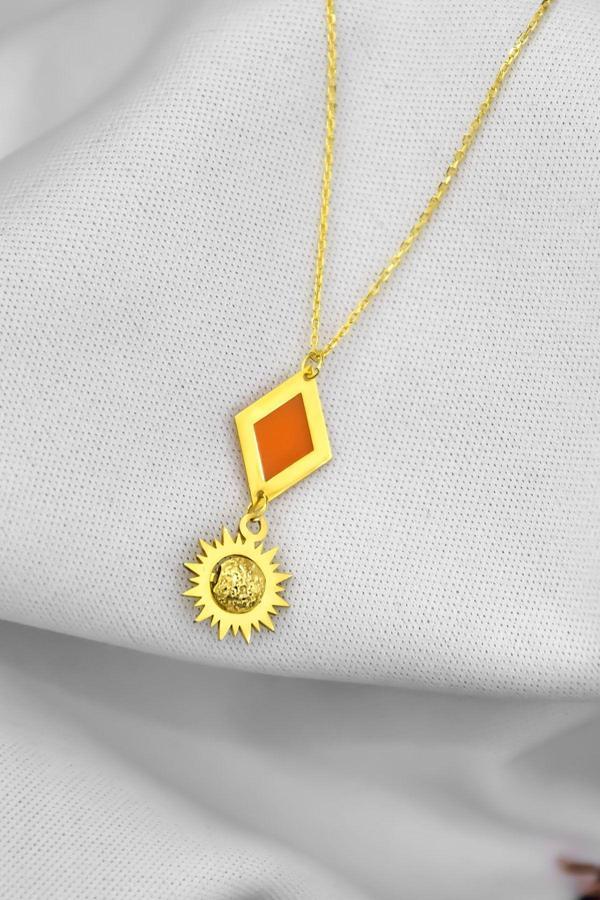 925 Ayar Gümüş Gold Kaplama Parlayan Rüya Serisi Ebruli Cam Boyalı Dörtgen Güneş Kolye - Image 1