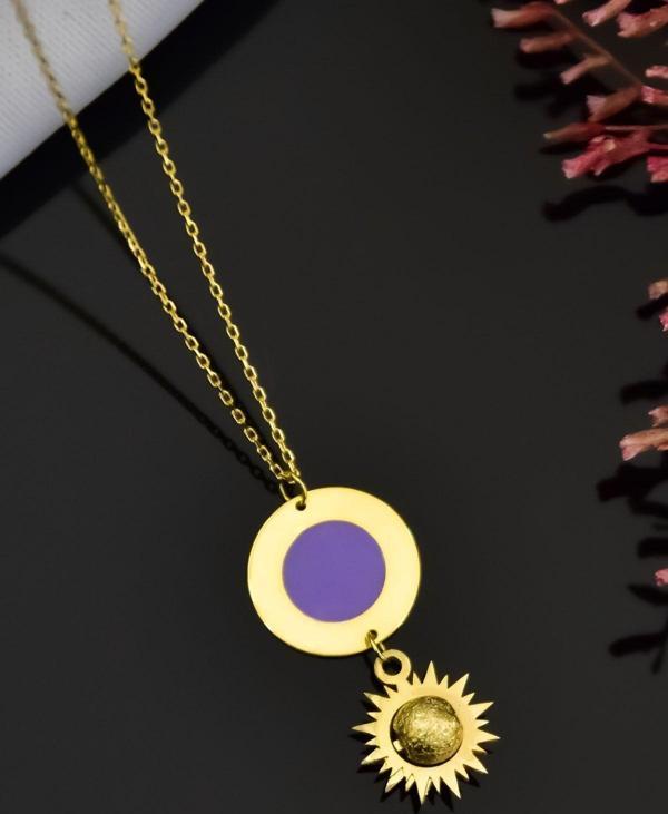 925 Ayar Gümüş Gold Kaplama Parlayan Rüya Serisi Ebruli Cam Boyalı Yuvarlak , Güneş Kolye - Image 1