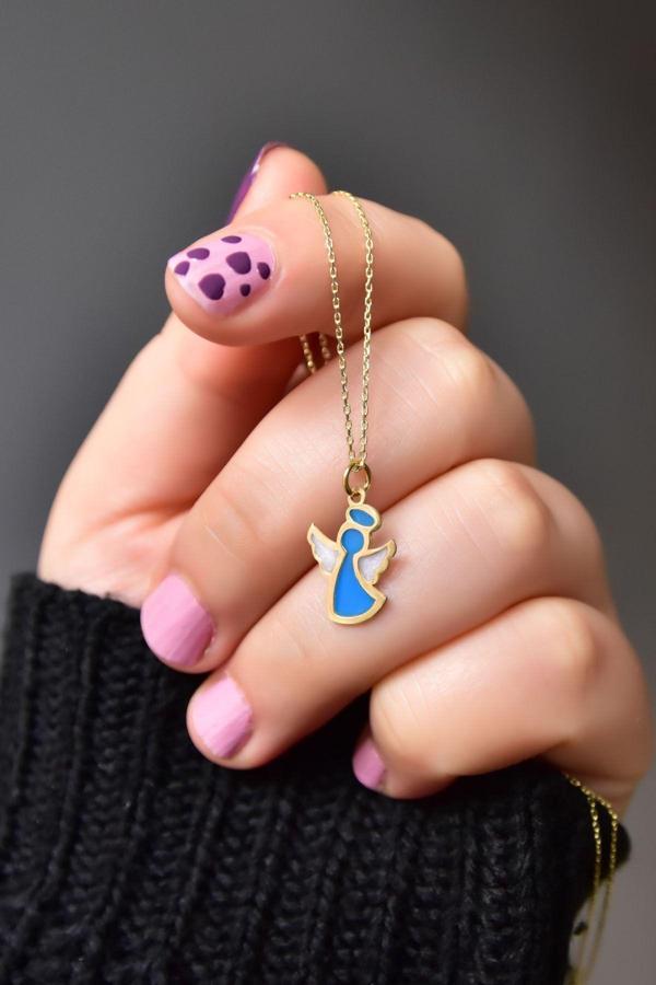 925 Ayar Gümüş Gold Kaplama Parlayan Rüya Serisi Tasarım Beyaz-mavi Ebruli Cam Boyalı Melek Kolye - Image 1