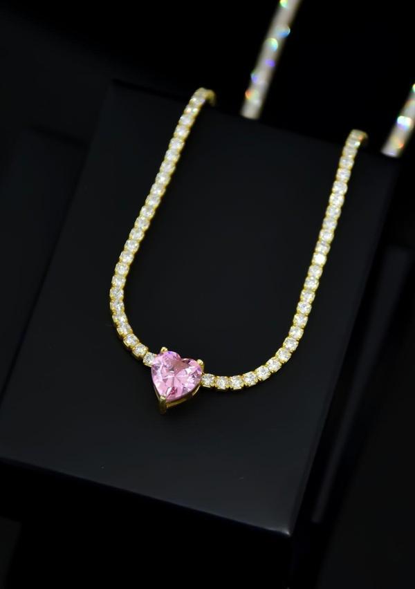 925 Ayar Gümüş Gold Kaplama Zirkon Taşlı Su Yolu, Tek Taş Kalp Kolye - Image 1