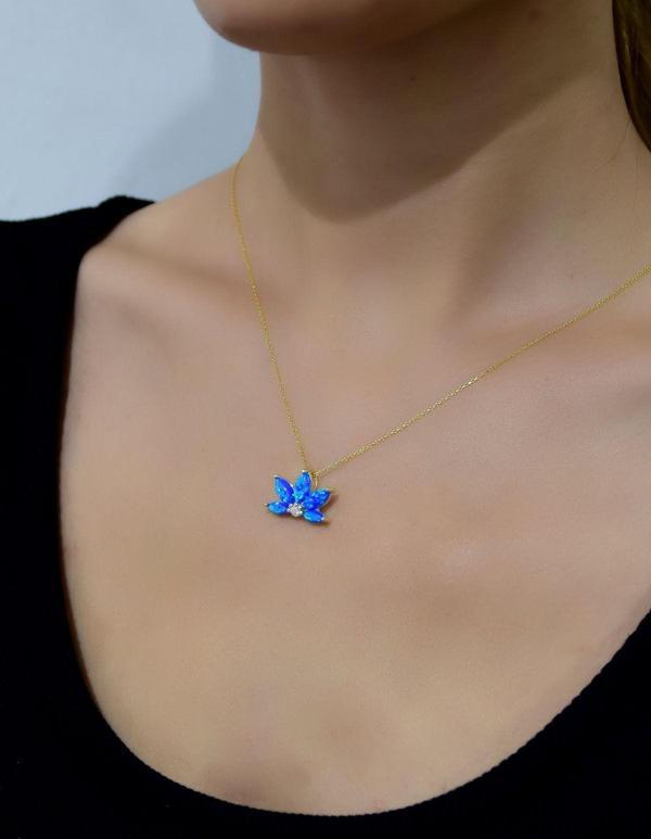 925 Ayar Gümüş Gold Kaplama Lacivert Opal Taşlı Lotus Kolye - Image 1