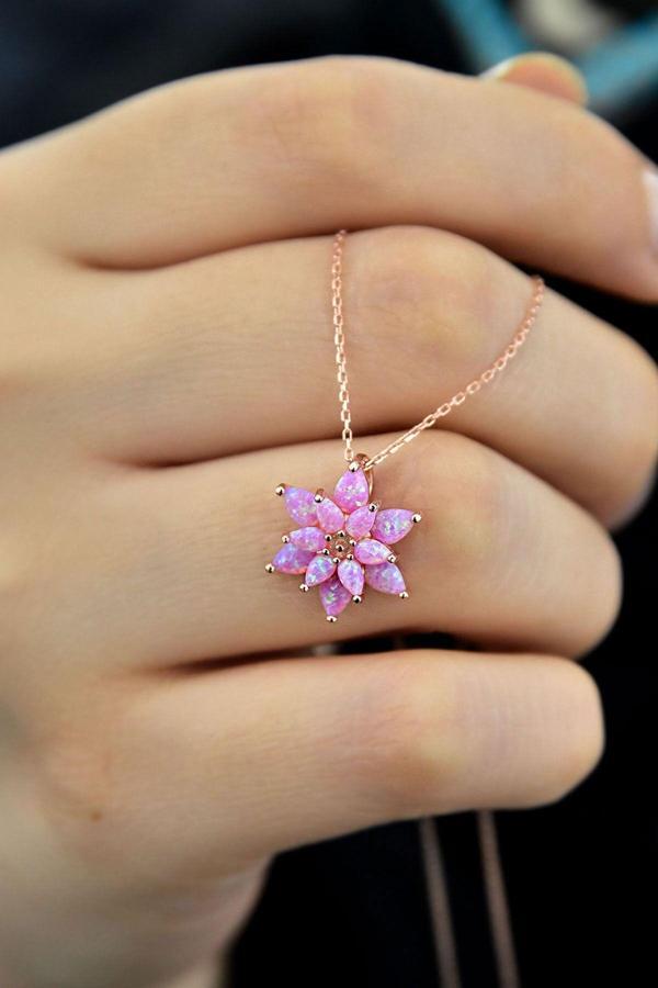 925 Ayar Gümüş Pembe Doğal Opal Taşlı Lotus Kolye - Image 1