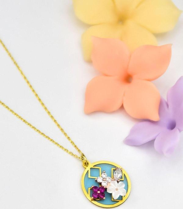 925 Ayar Gümüş Gold Kaplama Rüya Serisi Cam Boyalı, Sedef Manolya Kolye - Image 1