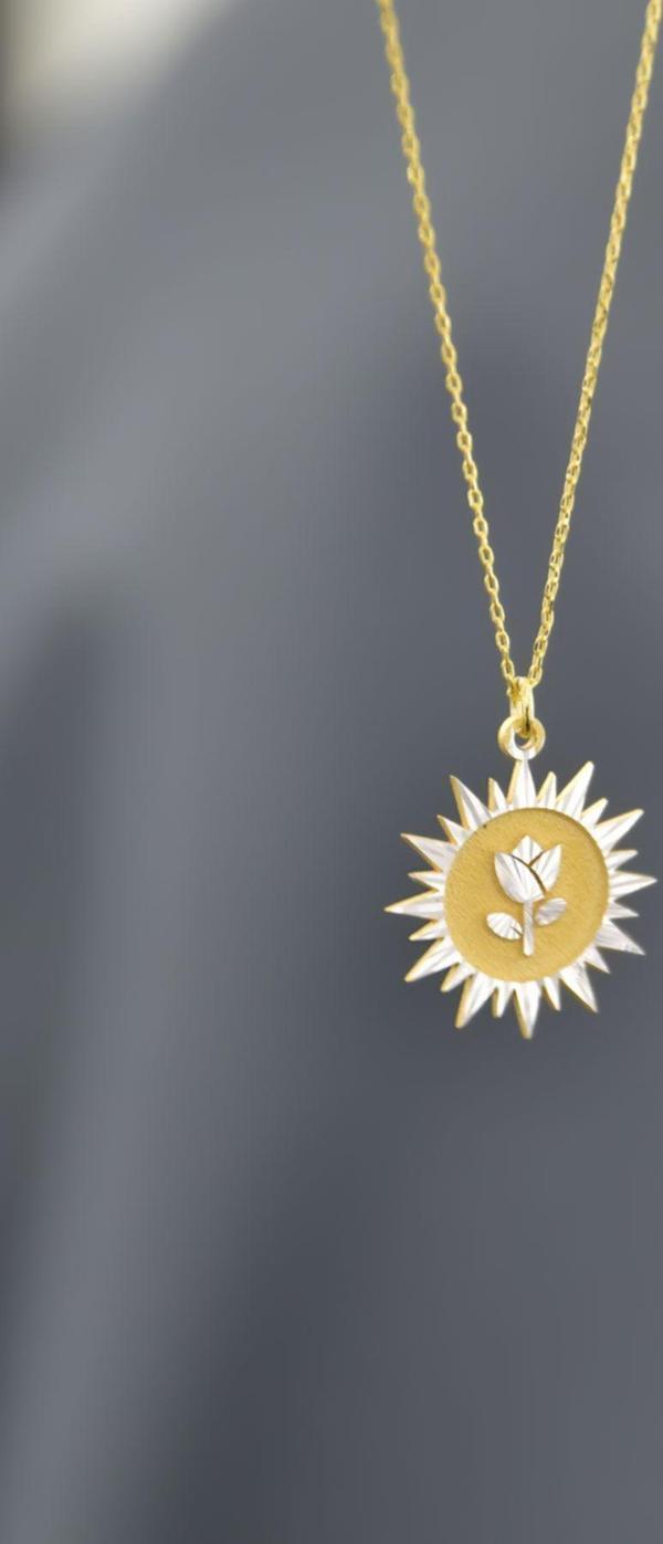 925 Ayar Gümüş Gold Rodyum Kaplama Lale Kristal Kesim Güneş Plaka Kolye - Image 1