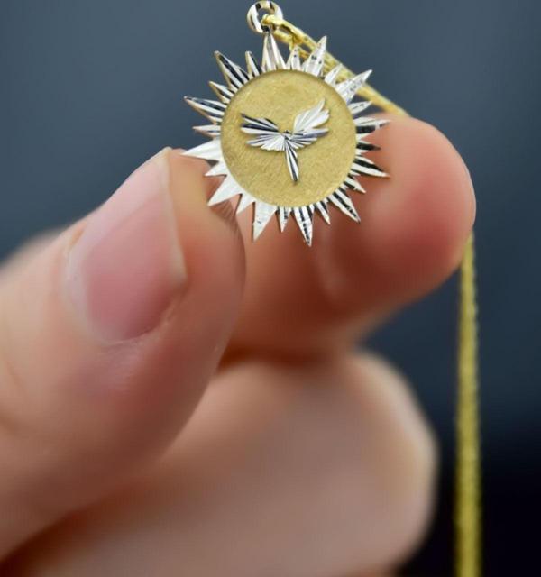 925 Ayar Gümüş Gold Rodyum Kaplama Mikail Meleği Kristal Kesim Güneş Plaka Kolye - Image 1