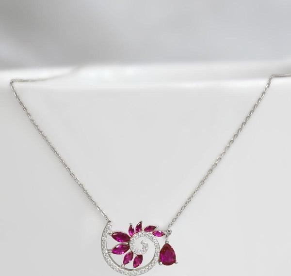 925 Ayar Gümüş Rodyum Kaplama Damla Pembe Taşlı Spiral Snail Tasarım Kolye - Image 1