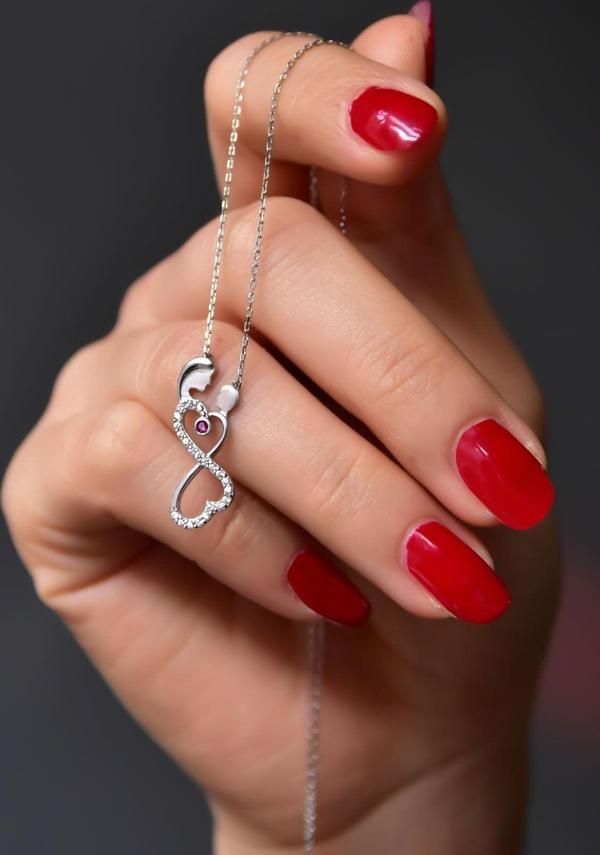 925 Ayar Gümüş Rodyum Kaplama Sonsuzluk Anne Çocuk Kolye - Image 1