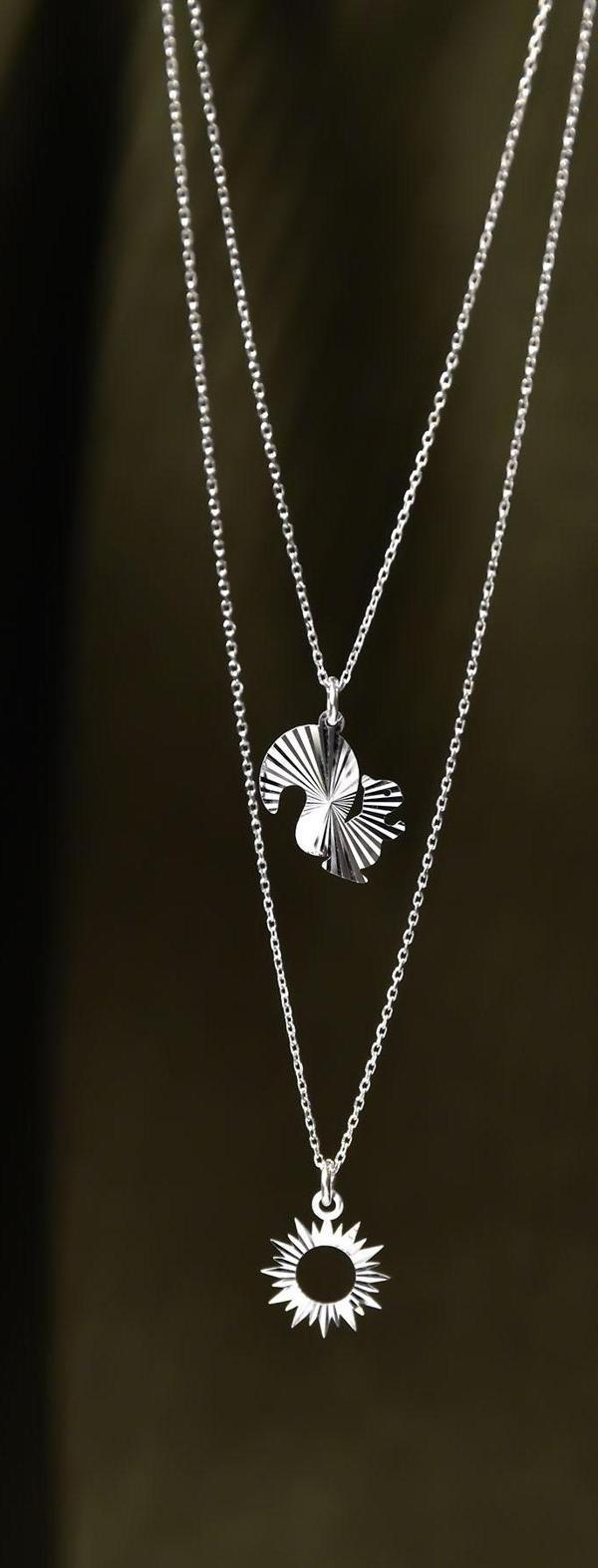 925 Ayar Gümüş Rodyum Kaplama Kristal Kesim Sincap Ve Güneş Asansörlü Kolye - Image 1