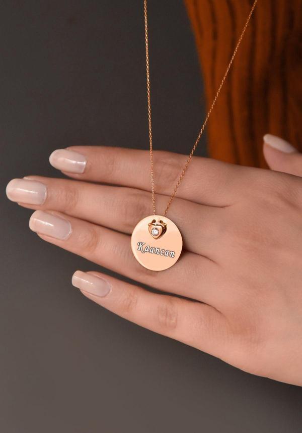 925 Ayar Gümüş Rose Kaplama Kalp Tektaş Plaka Kolye - Image 1