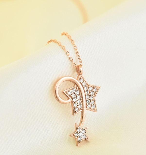 925 Ayar Gümüş Rose Kaplama Beyaz Taşlı Kayan Yıldız Kadın Kolye - Image 1