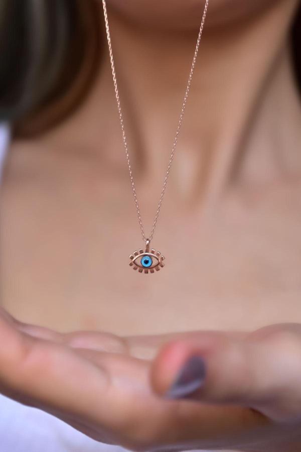 925 Ayar Gümüş Rose Kaplama Cam Kirpik Göz Kolye - Image 1