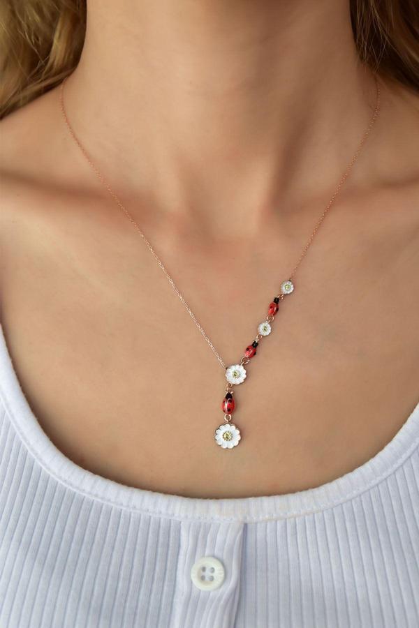 925 Ayar Gümüş Rose Kaplama Papatya ve Uğur Böceği Akışlı Kolye - Image 1