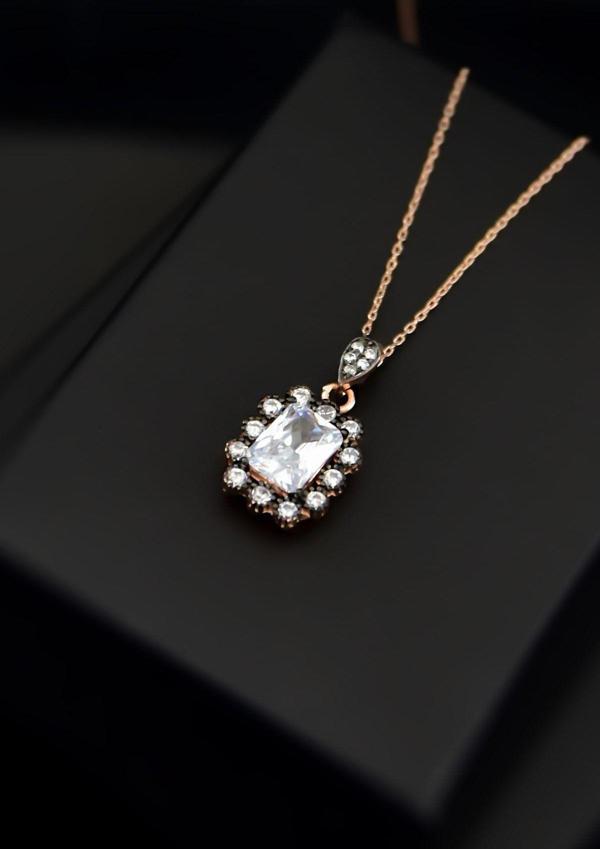 925 Ayar Gümüş Rose Kaplama Elmas Montür Kare Kolye - Image 1