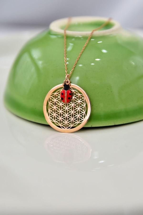 925 Ayar Gümüş Uğur Böceği Ve Yaşam Çiçeği Kolye - Image 1