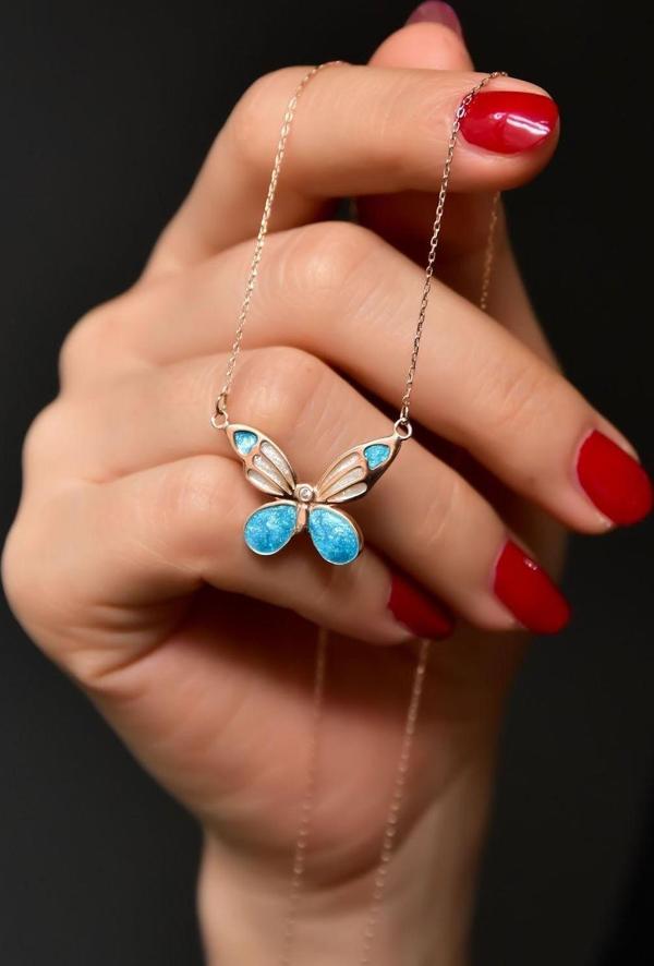 925 Ayar Gümüş Rose Kaplama Mavi Sedef Mineli Kelebek Kolye - Image 1