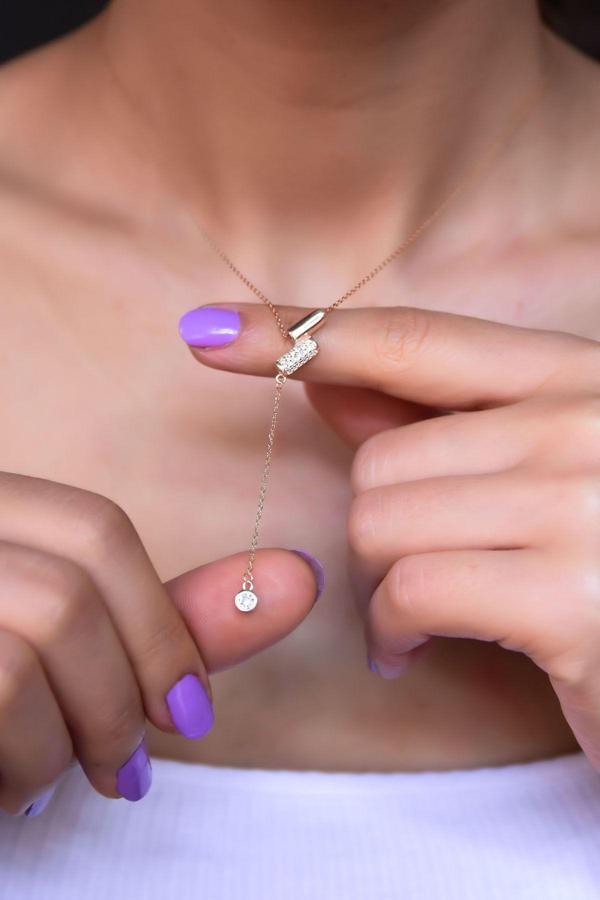 925 Ayar Gümüş Rose Kaplama Taşlı Tasarım Kolye - Image 1