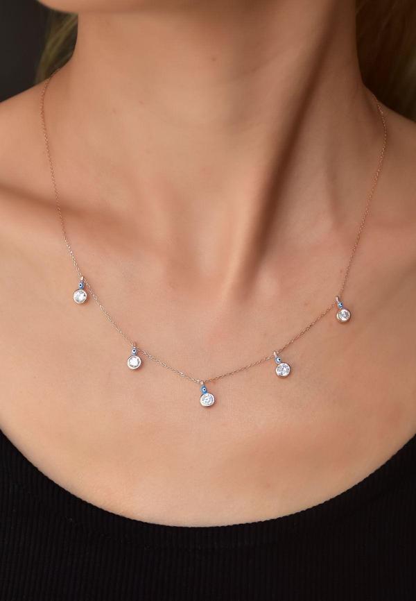 925 Ayar Gümüş Rose Kaplama Mineli Gözlü Yuvarlak Zirkon Taşlı Sallantılı Kolye - Image 1