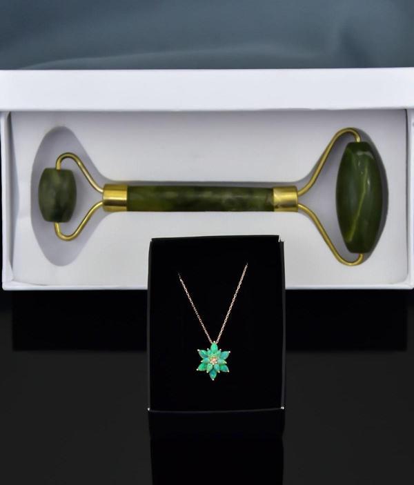 925 Ayar Gümüş Rose Kaplama Yeşil Opal Taşlı Lotus Çiçeği Kolye Yeşim Taşı Yüz Masaj Aleti Hediye - Image 1