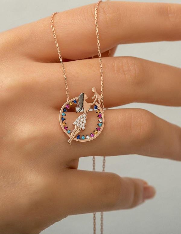 925 Ayar Mix Taşlı Gümüş Anne Çocuk Kolye - Image 1