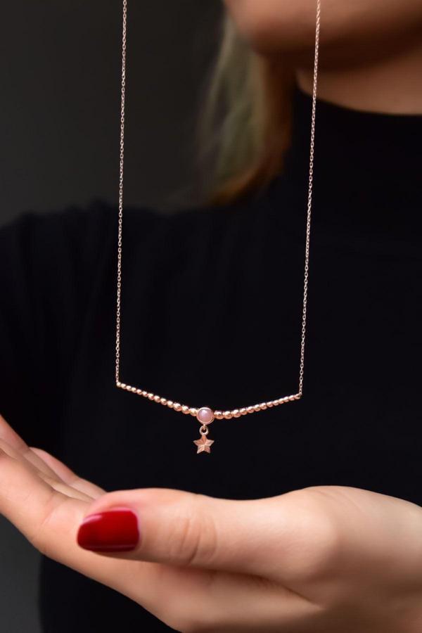 925 Ayar Gümüş Rose Kaplama Top Motifli Pembe Ay Taşı Kalp Kolye - Image 1