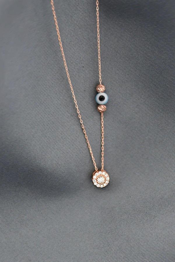 925 Ayar Gümüş Rose Kaplama Nazar Gözlü Dorika Toplu Tektaş Kolye - Image 1