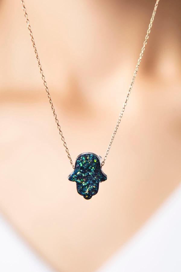 925 Ayar Opal Taşlı Fatma Ana Eli Gümüş Kolye - Image 1