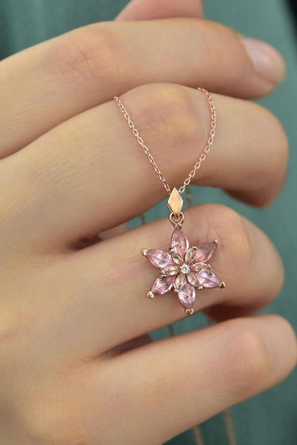 925 Ayar Gümüş Rose Kaplma Tepelikli Pembe Lotus Kolye - Image 1