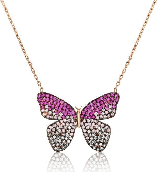 925 Ayar Pembe Zirkon Taşlı Gümüş Kelebek Kolye - Image 1