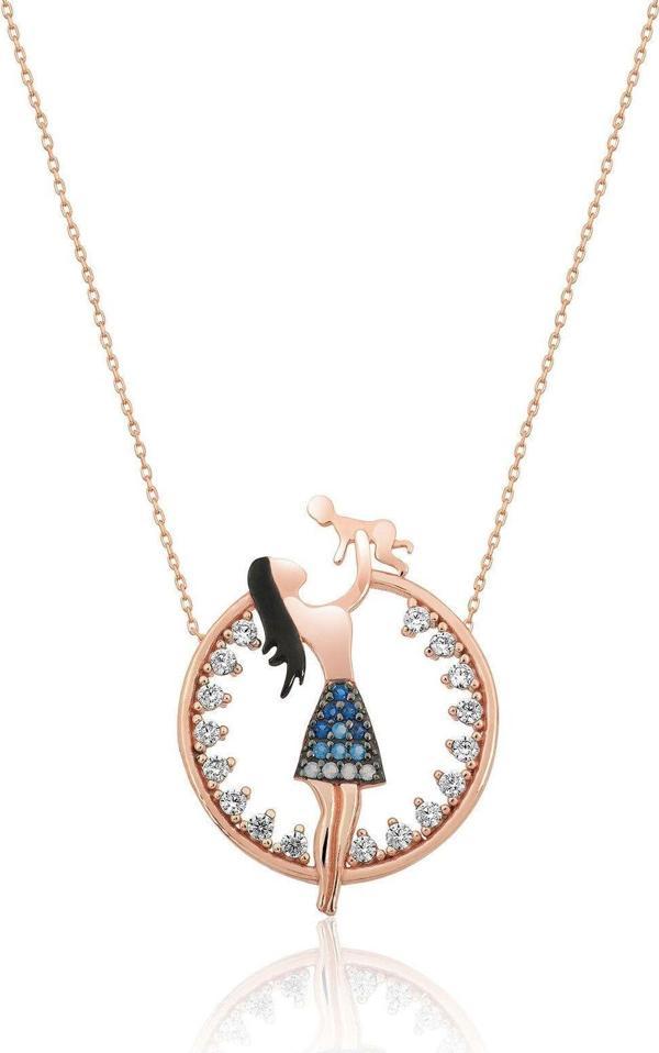 925 Ayar Rose Kaplama Zirkon Taşlı Anne Çocuk Gümüş Kolye - Image 1