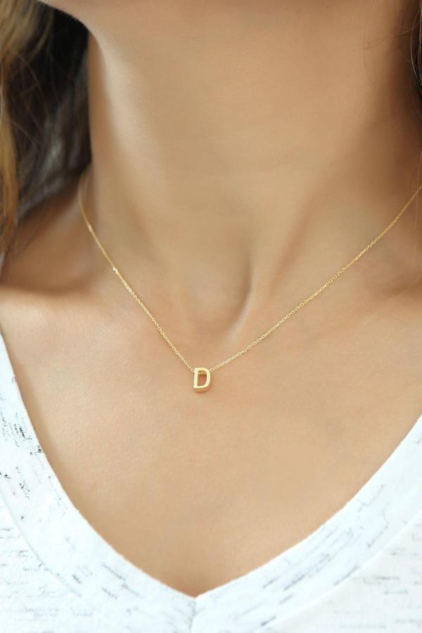 Harf Kolye. Üç Boyutlu D Harfi. Rose Altın Kaplama 925 Ayar Gümüş. - Image 1