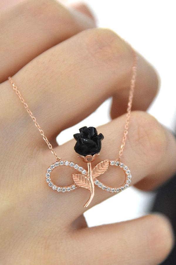 925 Ayar Gümüş Sonsuzluk Siyah Gül Kolye - Image 1