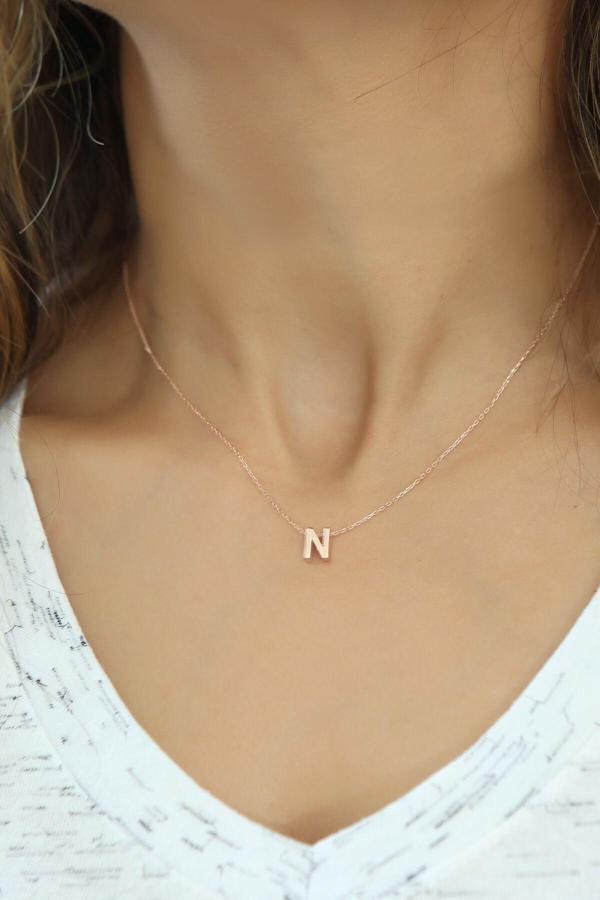 Harf Kolye. Üç Boyutlu N Harfi. Rose Altın Kaplama 925 Ayar Gümüş. - Image 1