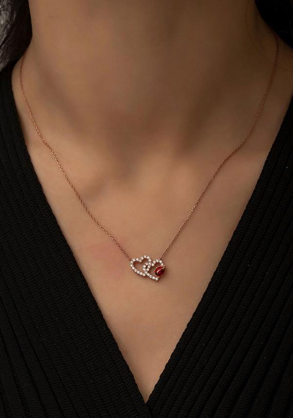 925 Ayar Uğur Böcekli Gümüş Kalp Kolye - Image 1