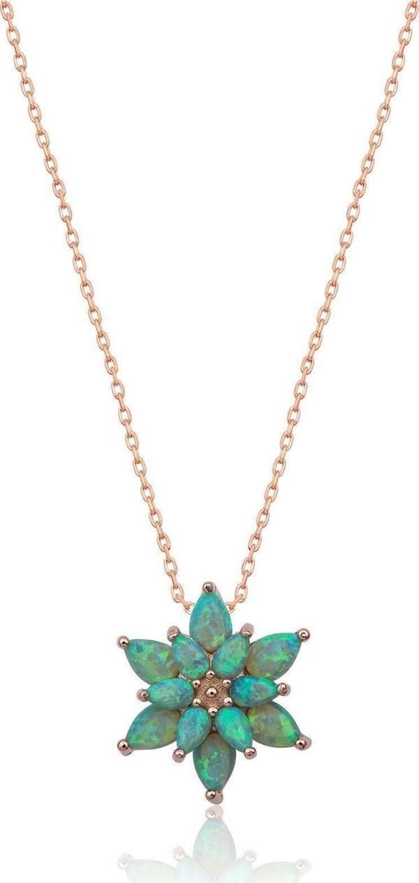 925 Ayar Yeşil Opal Taşlı Gümüş Lotus Kolye - Image 1