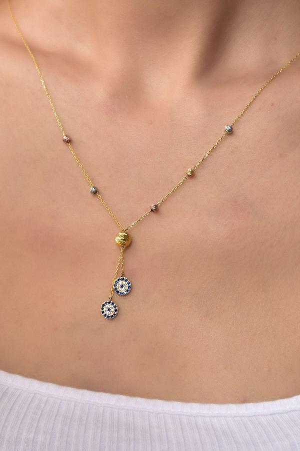 925 Ayar Gümüş Üç Renk Dorika Toplu E Harf Nazar Kadın Kolye - Image 1