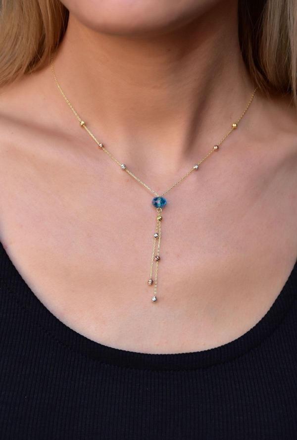 925 Ayar Gümüş Üç Renk Dorika Toplu Mavi Tektaş Kadın Kolye - Image 1