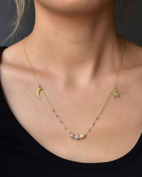925 Ayar Gümüş Üç Renk Dorika Toplu Sim Ay Yıldız Kadın Kolye - Image 1