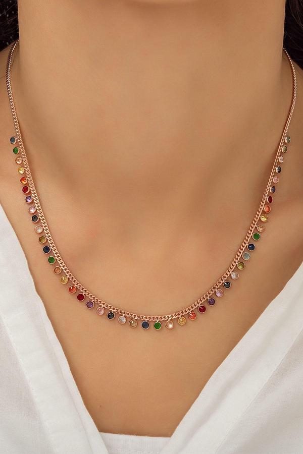 Kadın Altın 925 Ayar Gümüş Mix Renkli Taşlı Tiffany Kolye - Image 1