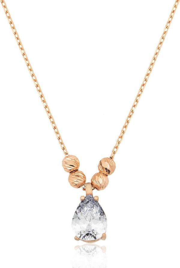 Nano Zirkon Damla Kolye Kenarları Çift Dorica Toplu Rose Altın Kaplama 925 Ayar Gümüş - Uvps100115 - Image 1